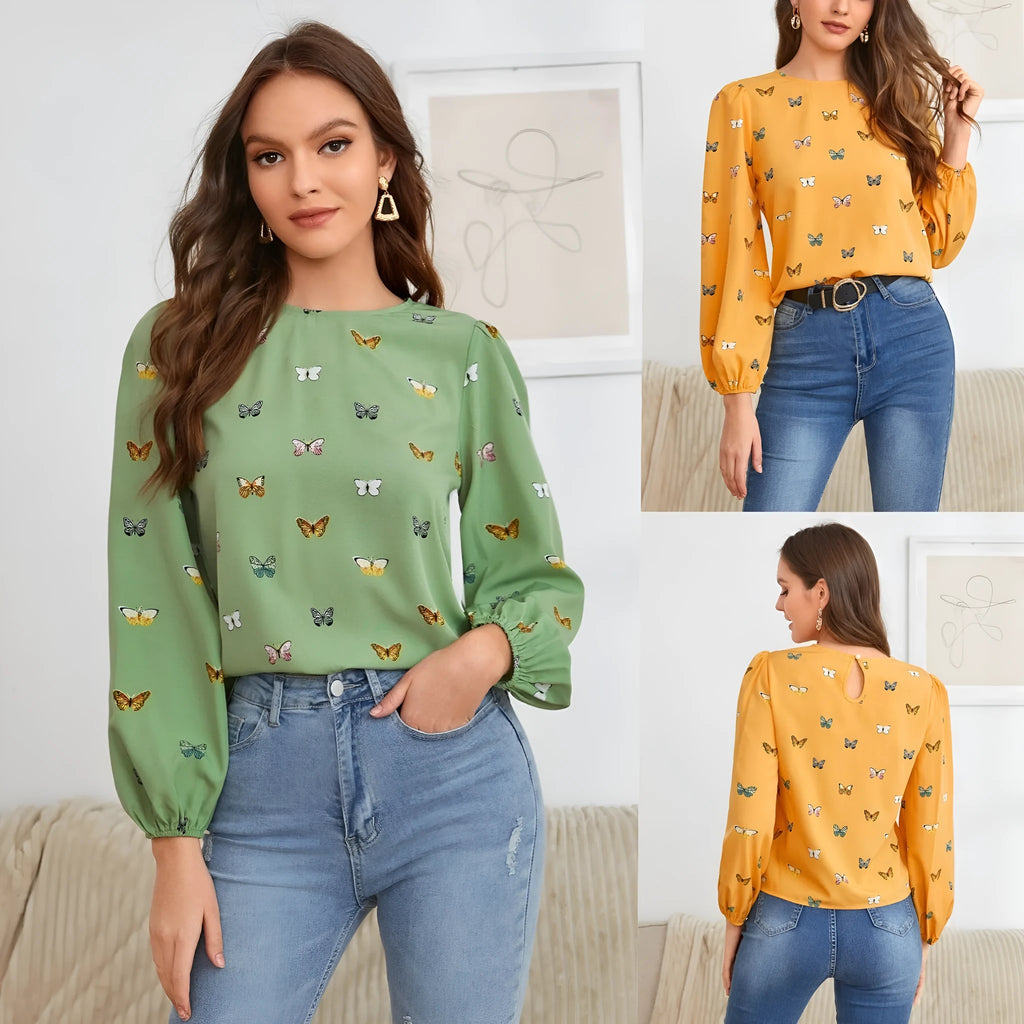 Women's long-sleeved butterfly print shirt in loose fit green or orange