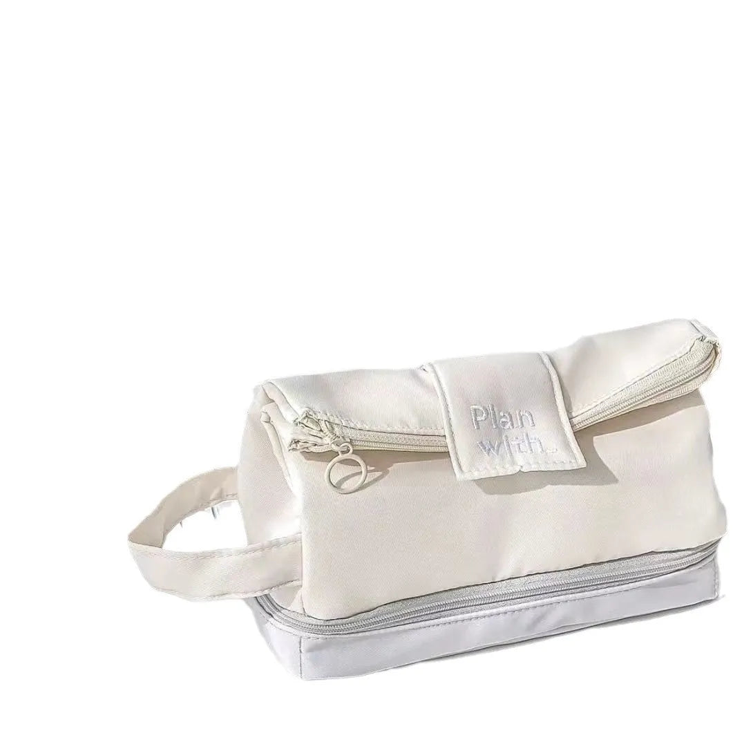 Casual folding pencil case with double layer design in dark blue, blue, or cream white polyester