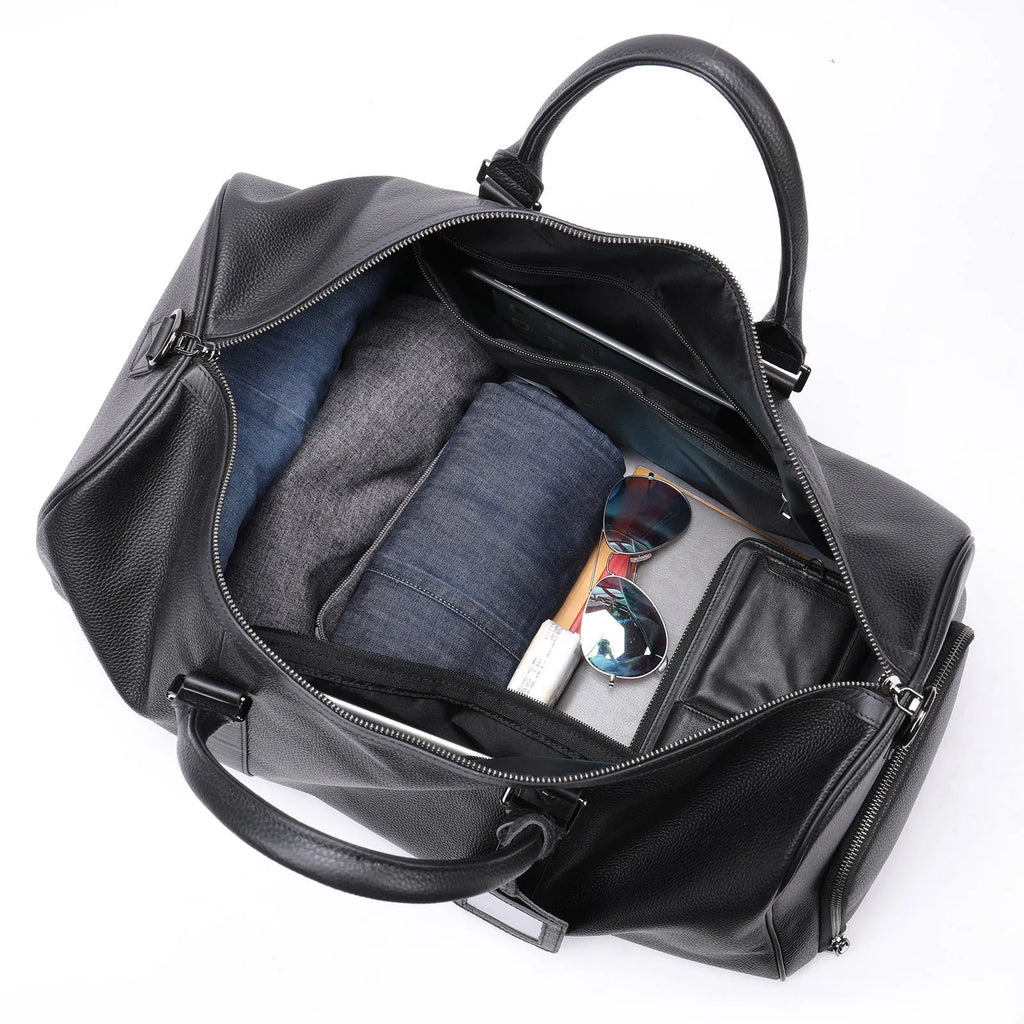 Men's black and coffee leather tote bag in 44cm and 55cm lengths with single strap