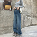 Women's straight-leg jeans in retro blue with high-waist design and trouser length