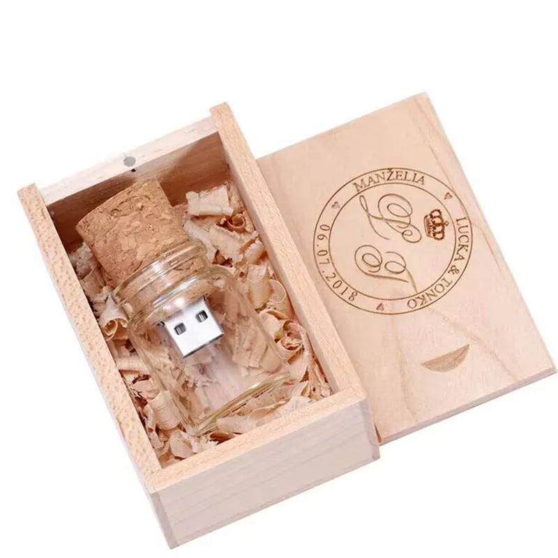 Transparent wooden drift bottle shaped USB flash drive showing six capacity options.
