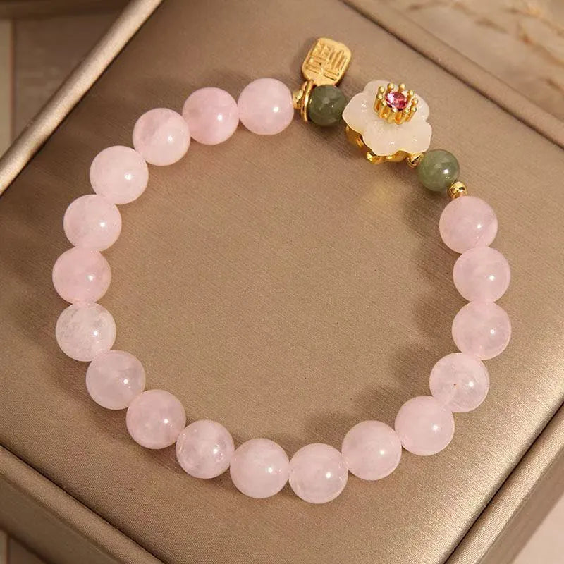 Crystal and Hetian jade beaded bracelet with peach blossom design in pastoral style