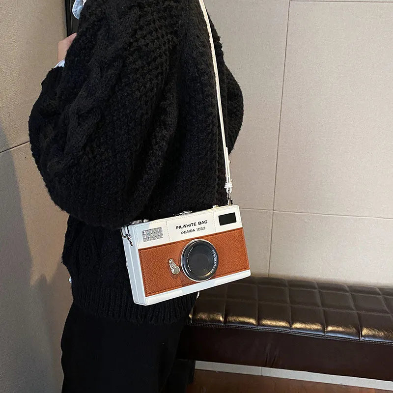 Soft PU leather mini crossbody camera bag with chain strap in silver black colour