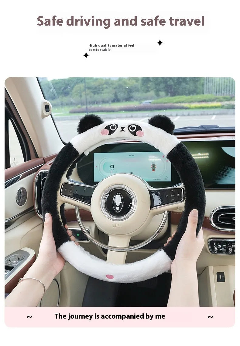 Plush cartoon animal embroidered steering wheel cover for cars in winter.