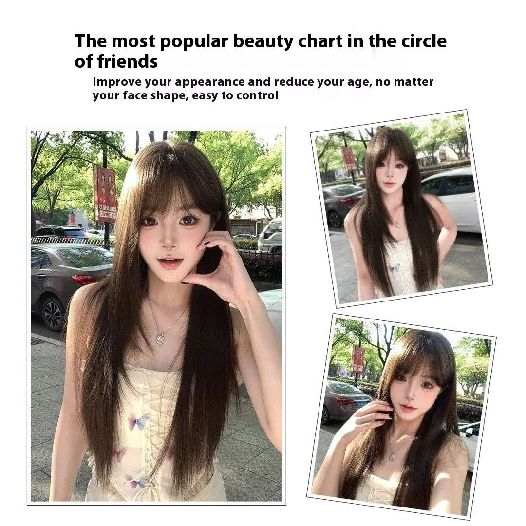 Brown black ladies wig with black tea simulation effect and high-temperature fibre hair material