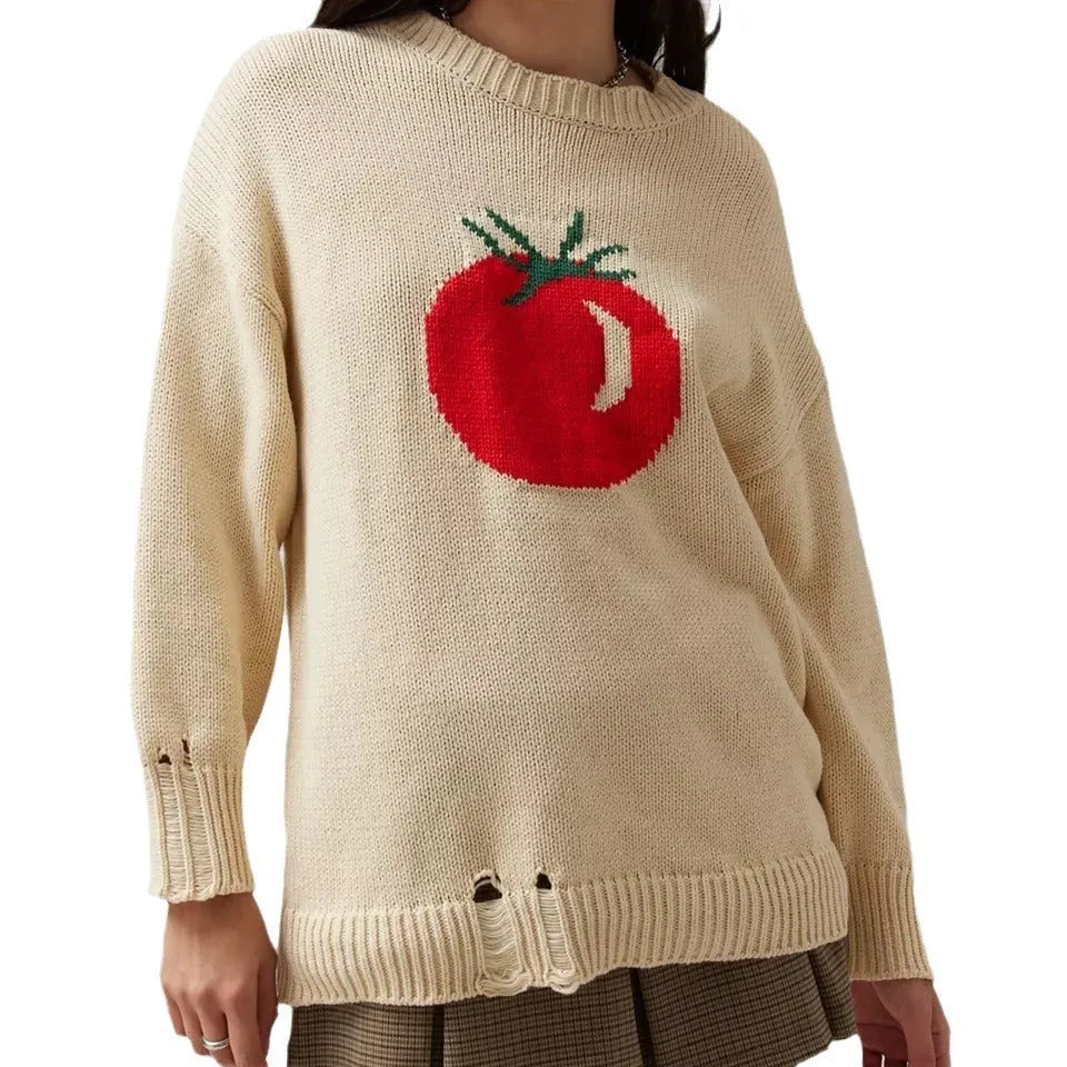 Women's beige acrylic jacquard sweater with round neck and long sleeves
