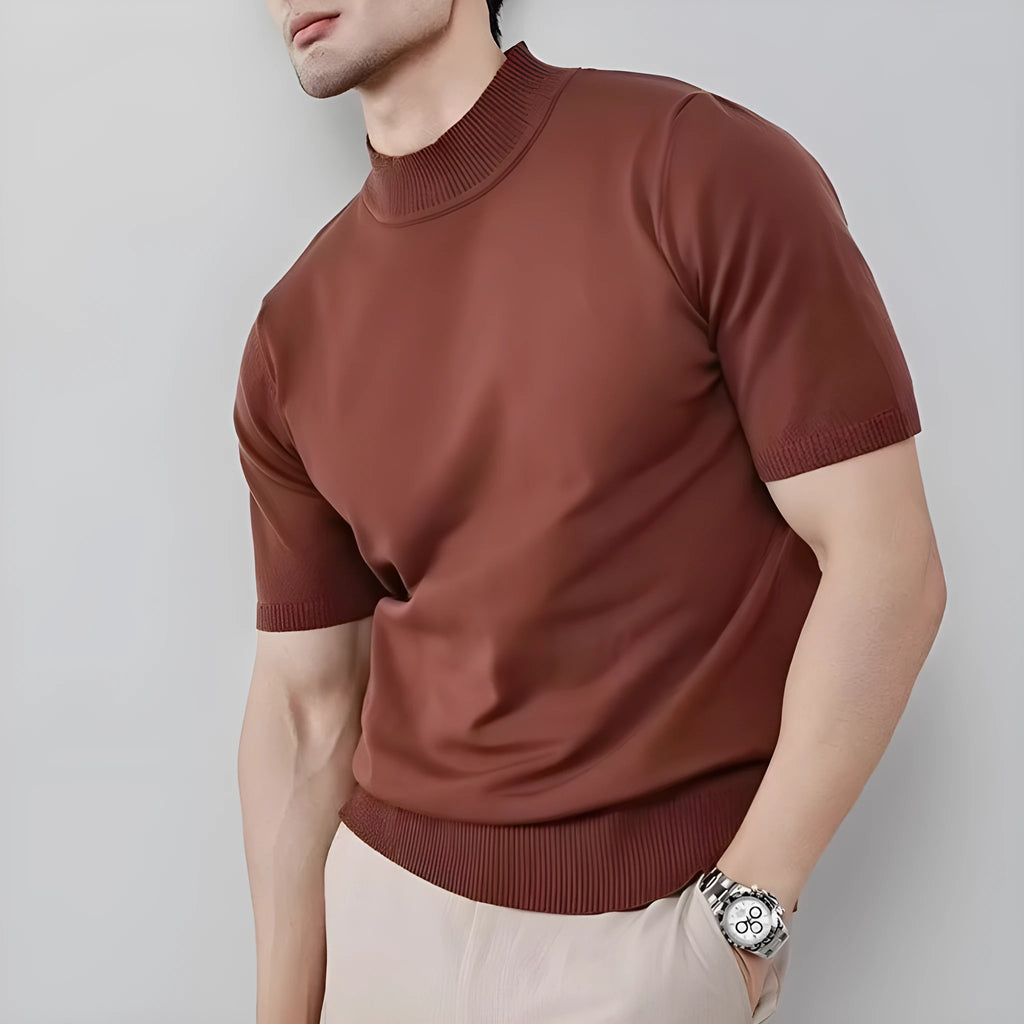 Men's ice silk half turtleneck solid colour slim fit pullover in green on a plain background