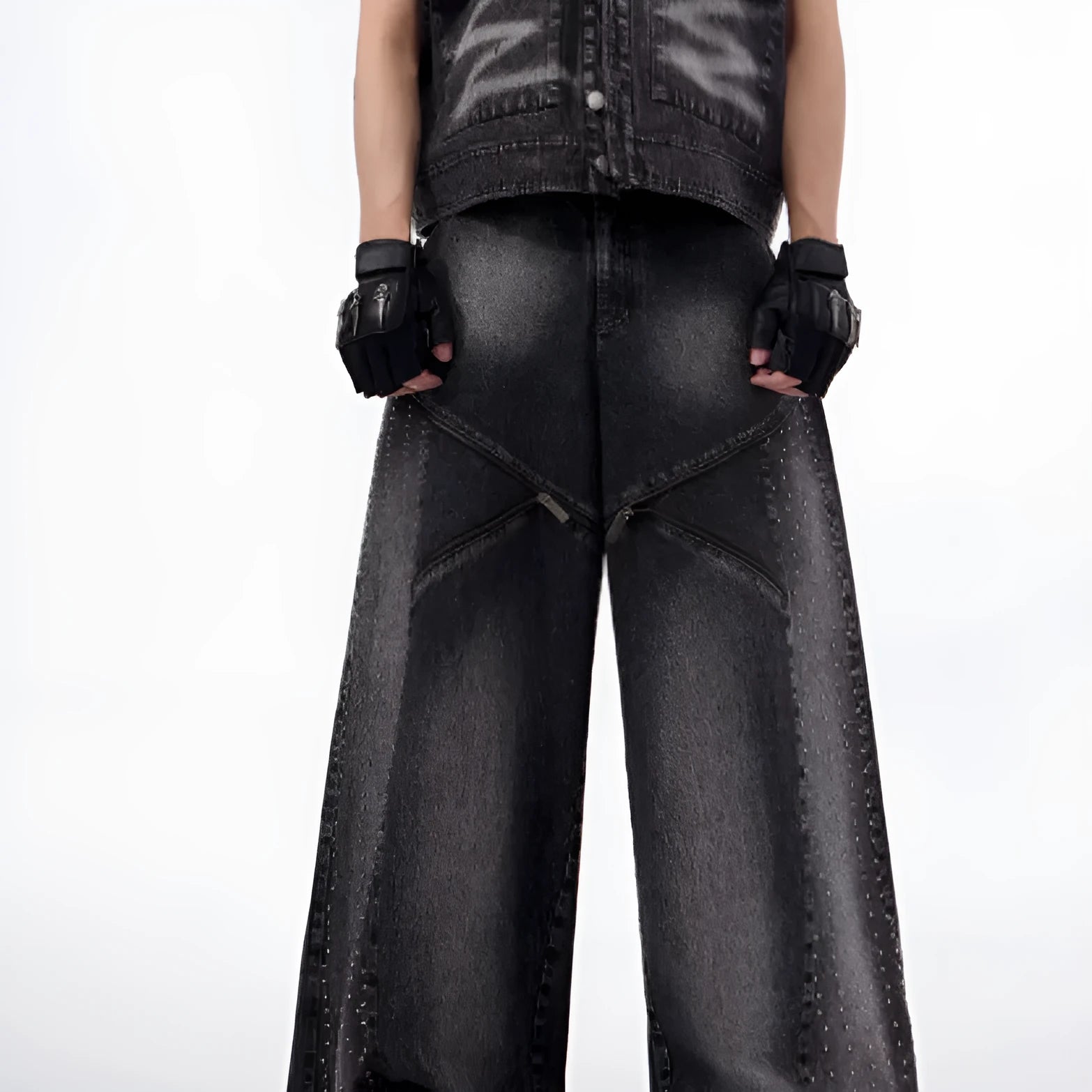 Korean style black and grey washed denim wide leg pants and matching waistcoat co-ord set