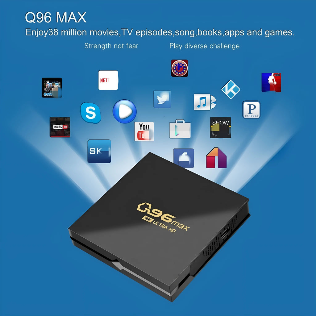 Q96 MAX S905 Android 4K TV Box set-top unit with remote control and cables on a black background.