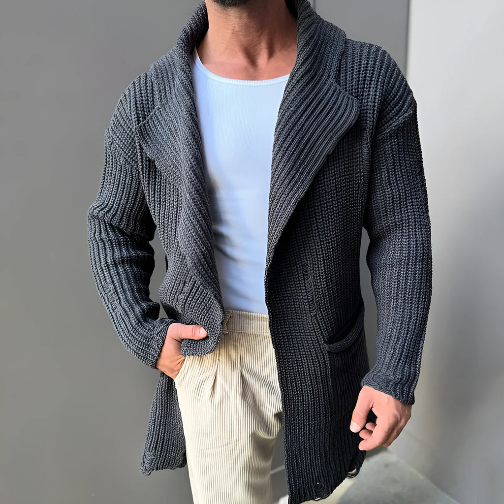 Long sleeve slim-fit mid-length knitted cardigan in army green with button front, on a model, front view