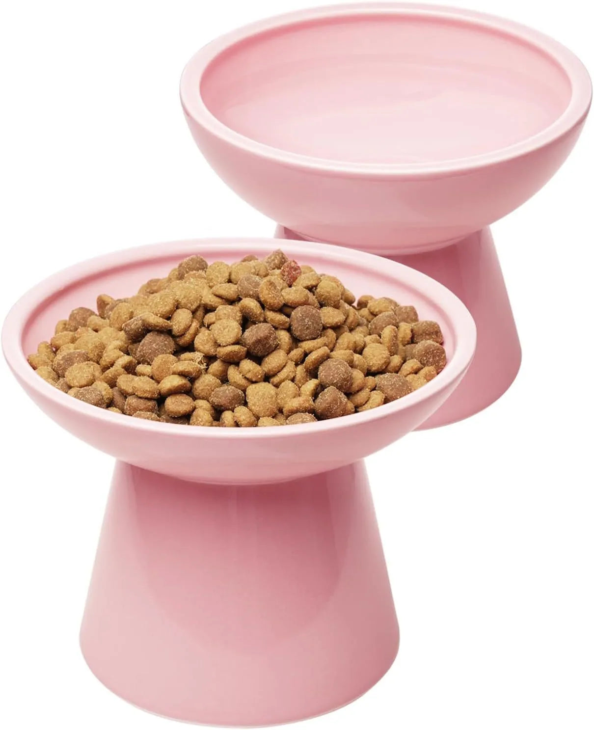 Blue ceramic elevated cat bowl with wide shallow design for food or water