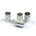 Set of coloured aluminium alloy car tyre valve caps showing stainless steel threads, displayed on a grey background.