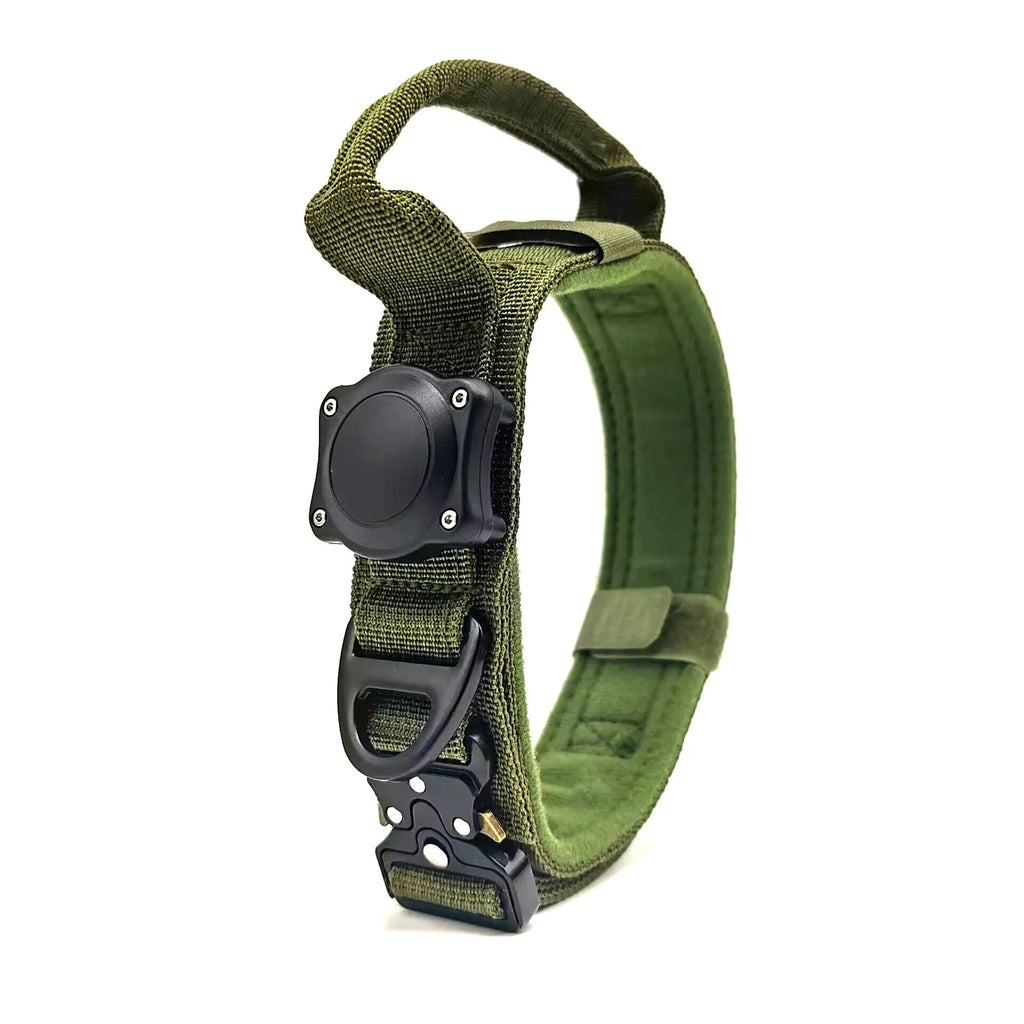 Tactical waterproof dog collar with positioning ring in army green colour showing polyester construction