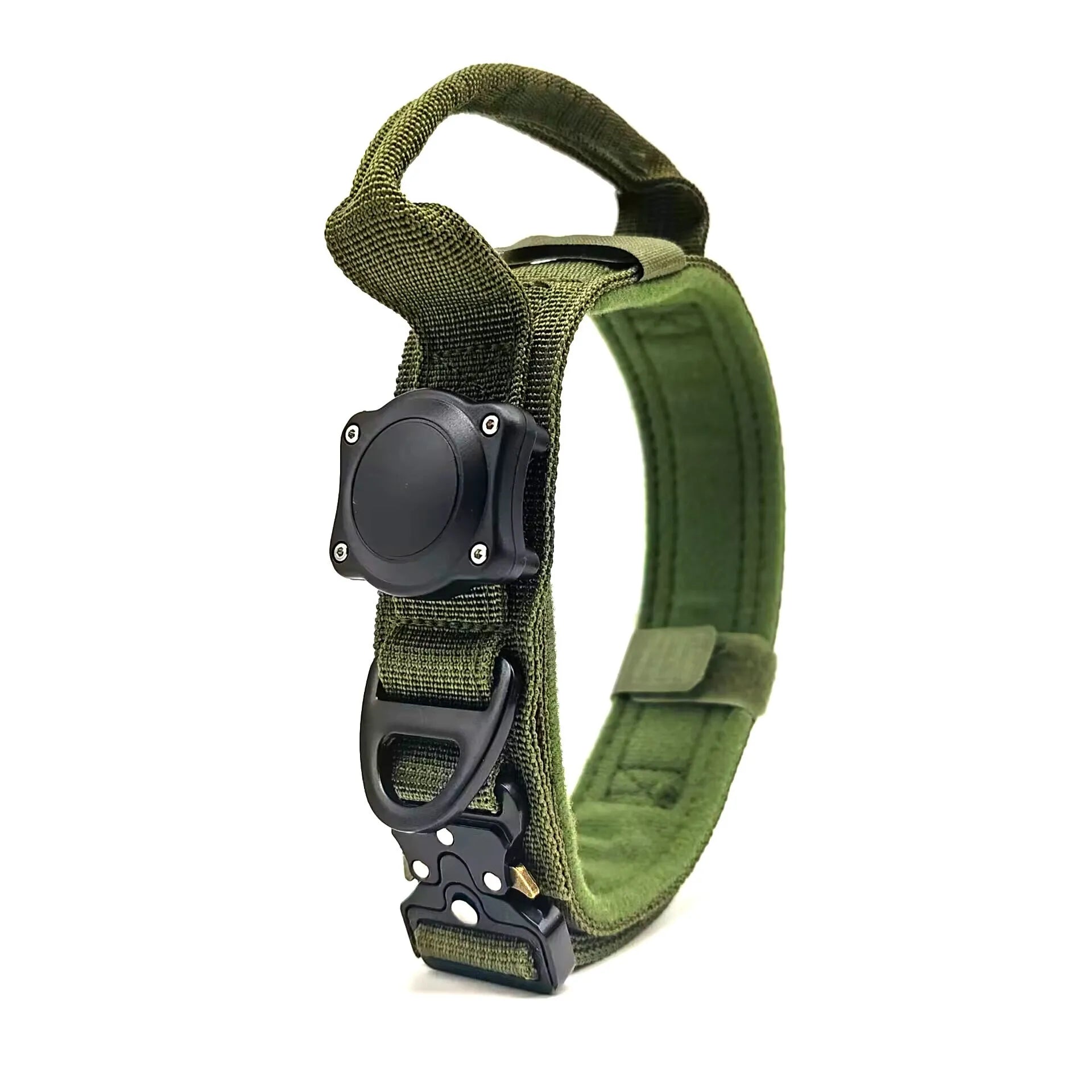 Tactical waterproof dog collar with positioning ring in army green colour showing polyester construction