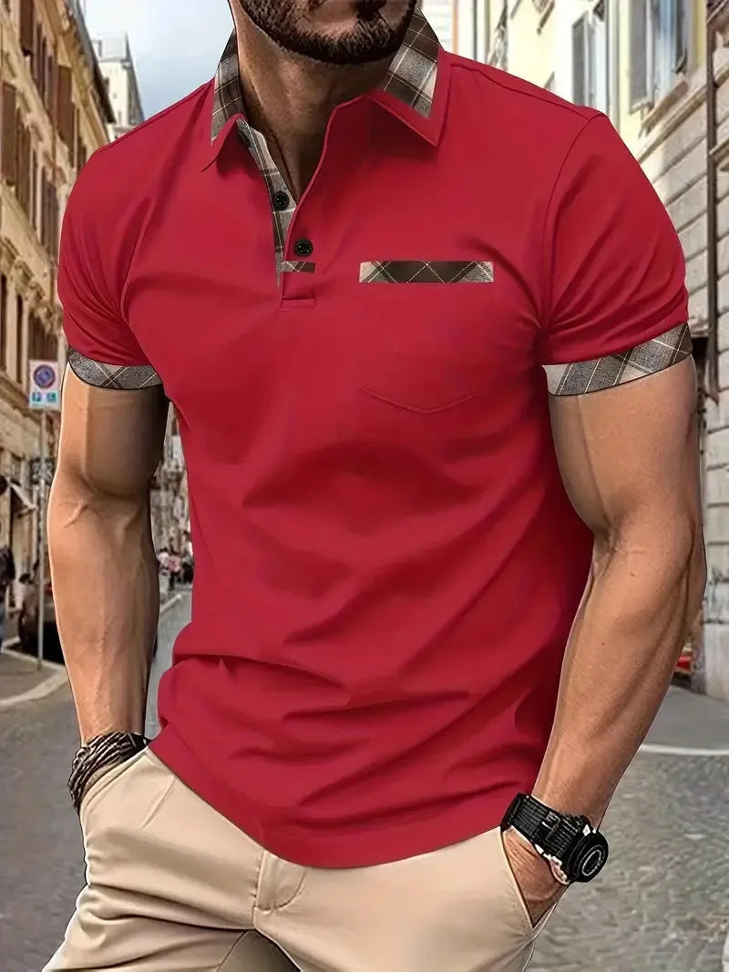 Man modelling a loose-fit plaid colourblock t-shirt with short sleeves and zipper details.
