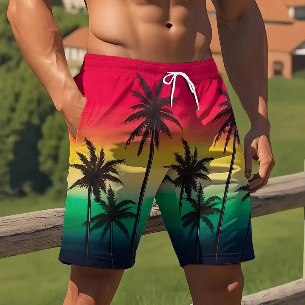 Man's blue 3D print micro-elastic swimming trunks on a white background
