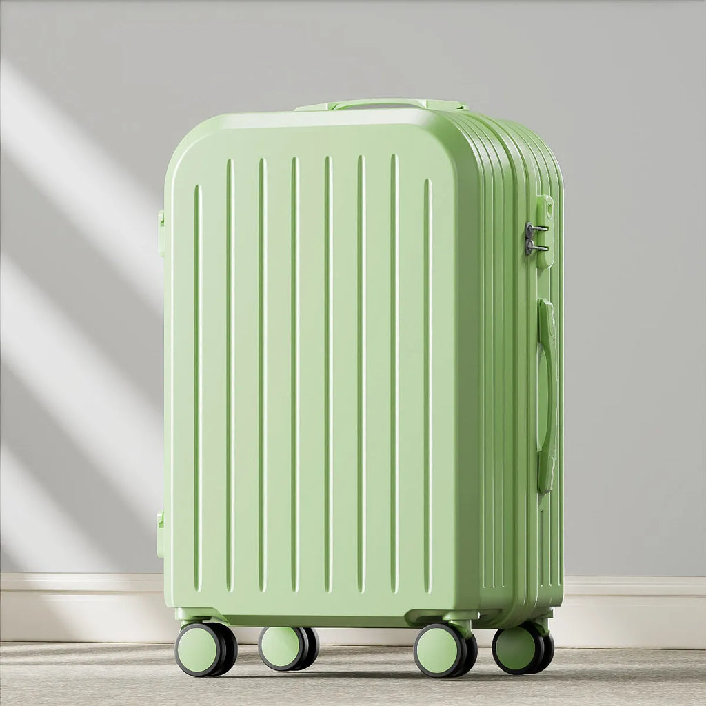Small lightweight password suitcase in Titanium Gray with striped ABS PC shell and universal wheels