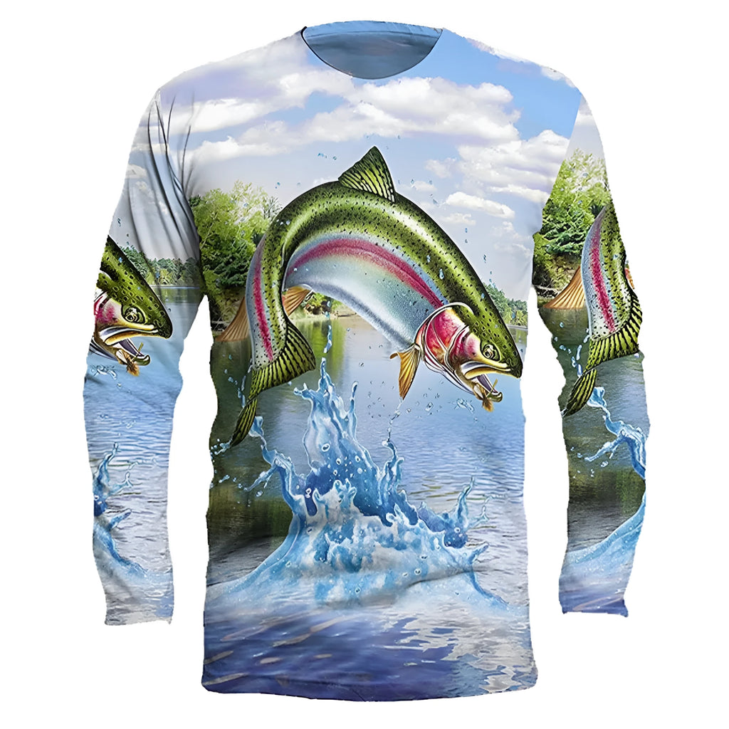 Men's long-sleeved grey pullover top with a detailed all-over blue fish print, round neck