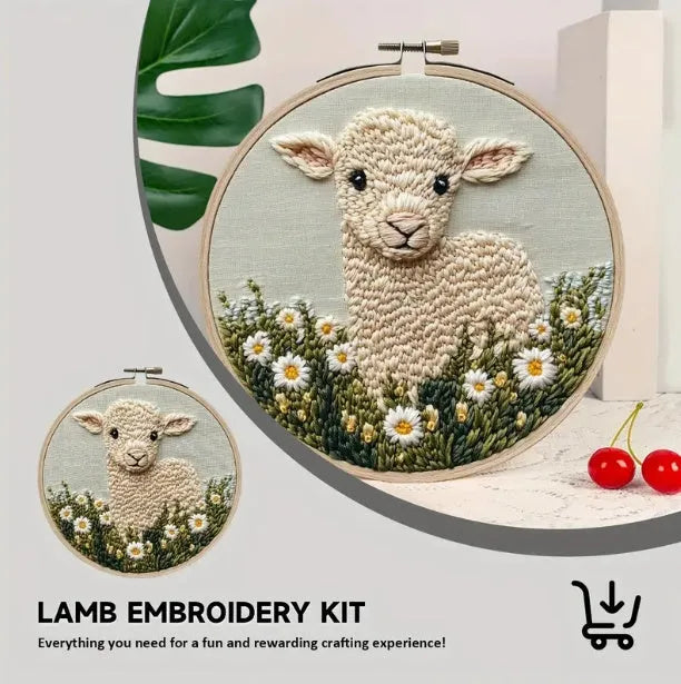 Sheep embroidery pin punch start-up process suit with cloth material and pastoral design
