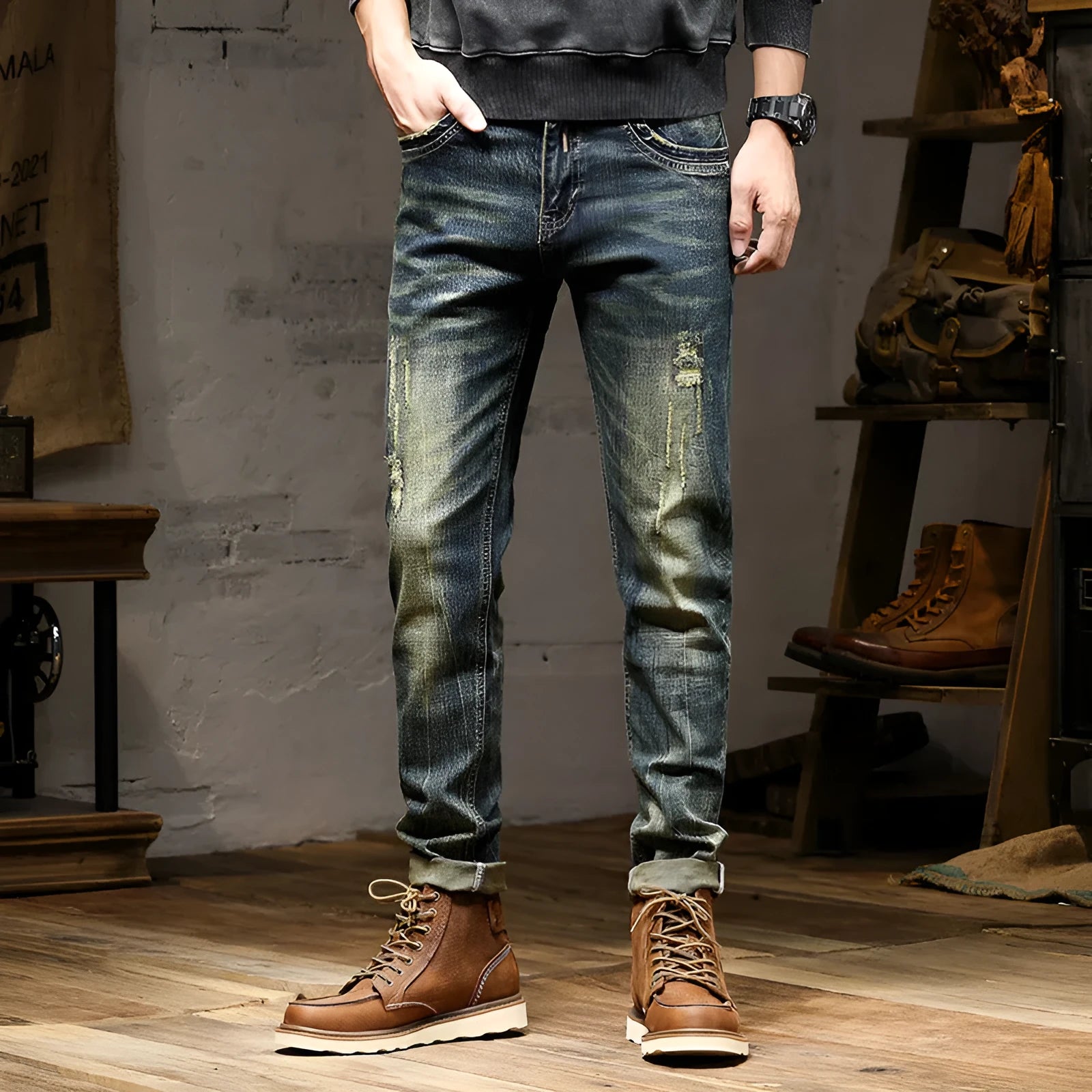 Men's skinny fit jeans in retro colour with zip fly opening and stretch cotton denim fabric