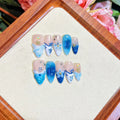 Blue hand-painted carved summer ice transparent wear fake nails in plastic material