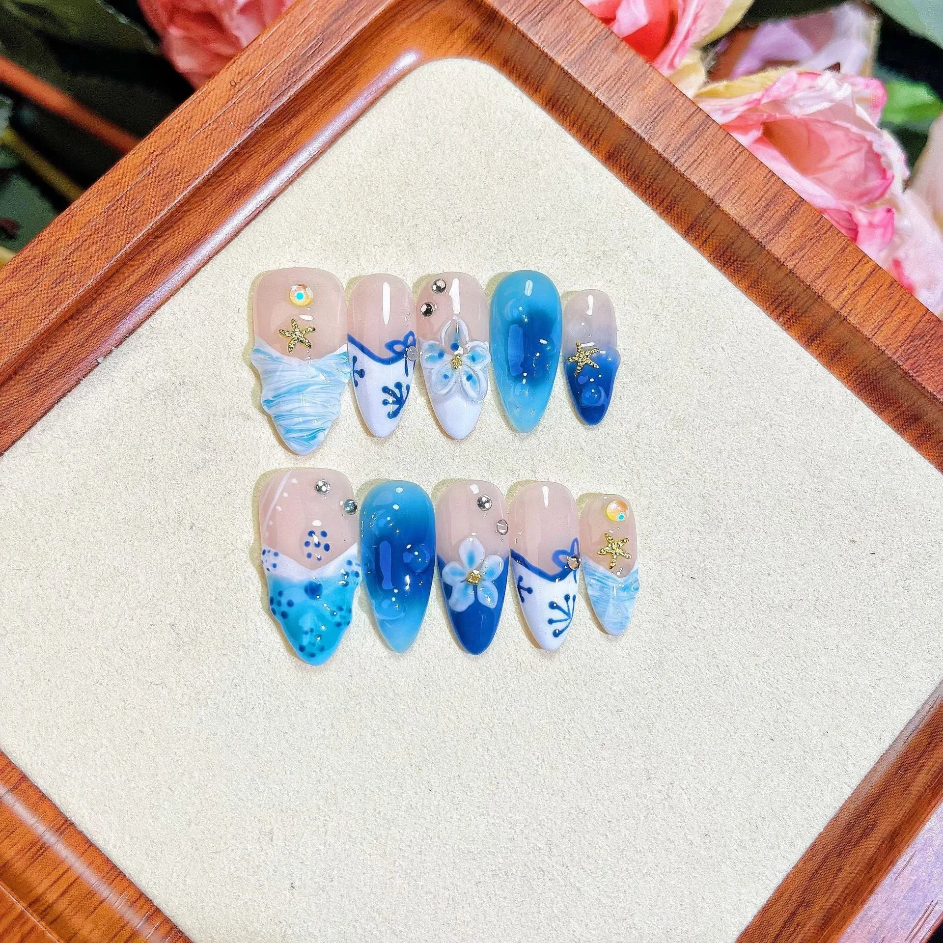 Blue hand-painted carved summer ice transparent wear fake nails in plastic material