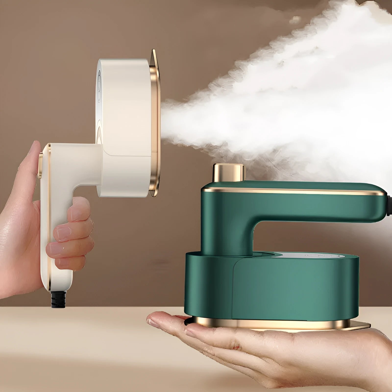 Folding handheld garment steamer in beige with compact design for travel