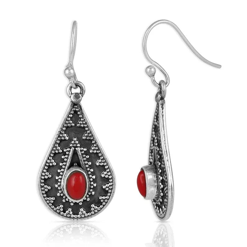 Silver retro-style water drop earrings with European and American national design in zinc alloy with gemstone accents