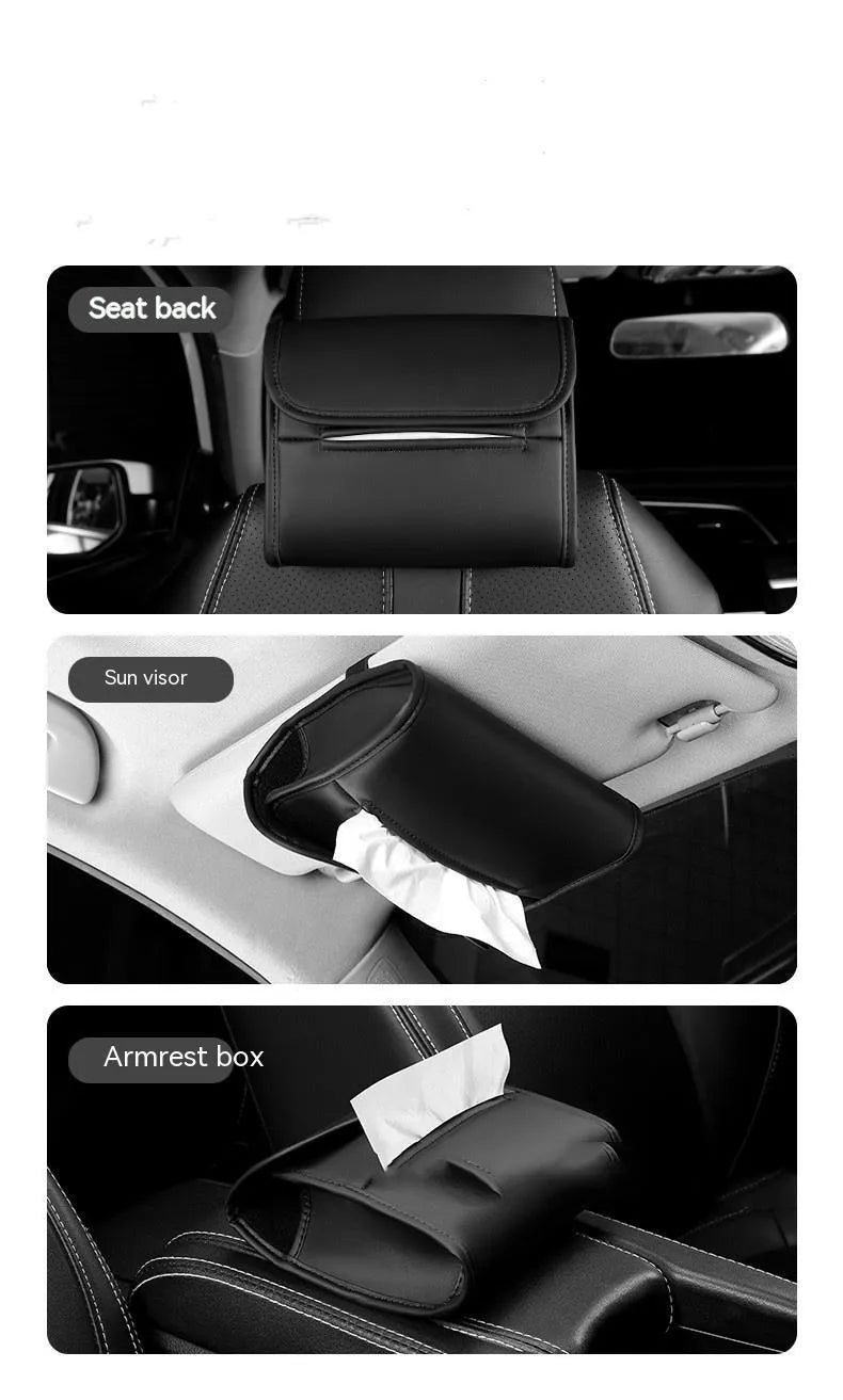 Leather car tissue box organiser with elastic band mount for sun visor or armrest.