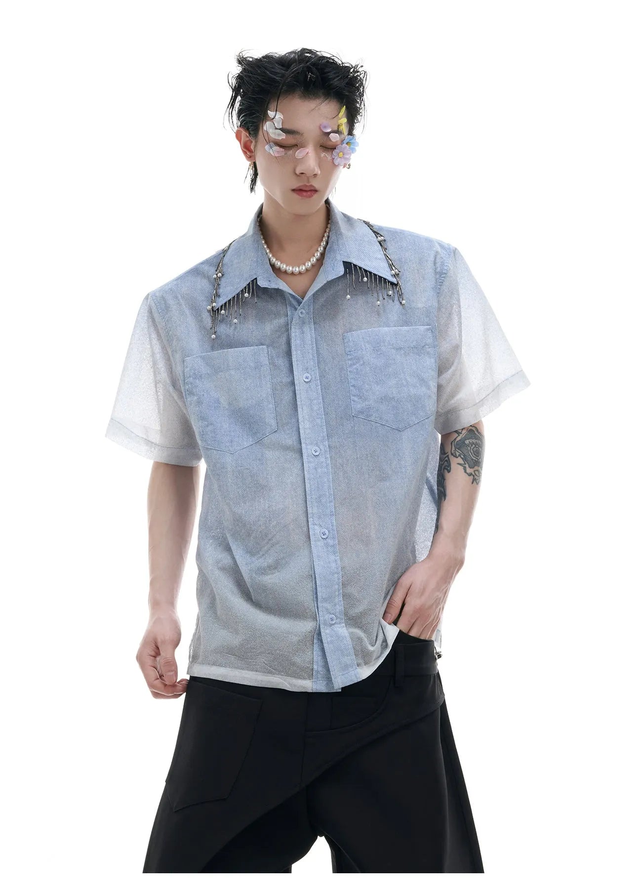 Men's blue and white gradient loose fit shirt with quilted details and short sleeves