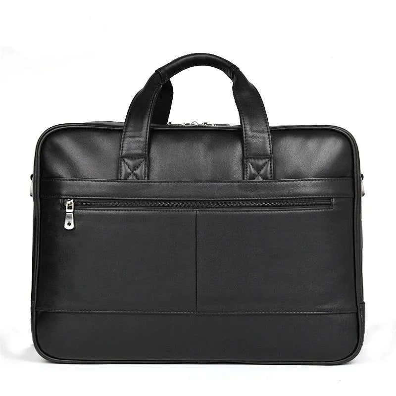 Genuine Nappa leather handbag briefcase for men, solid black, business travel bag