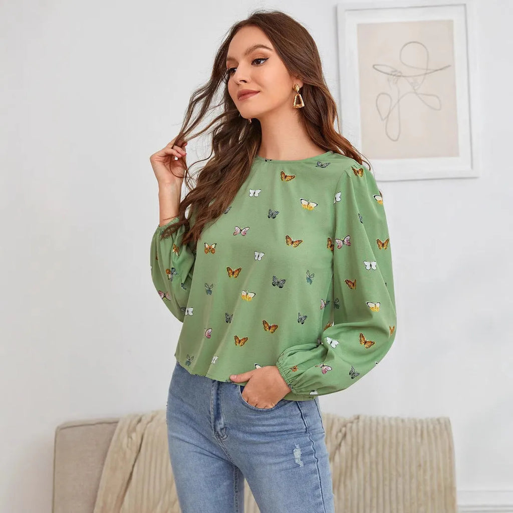 Women's long-sleeved butterfly print shirt in loose fit green or orange
