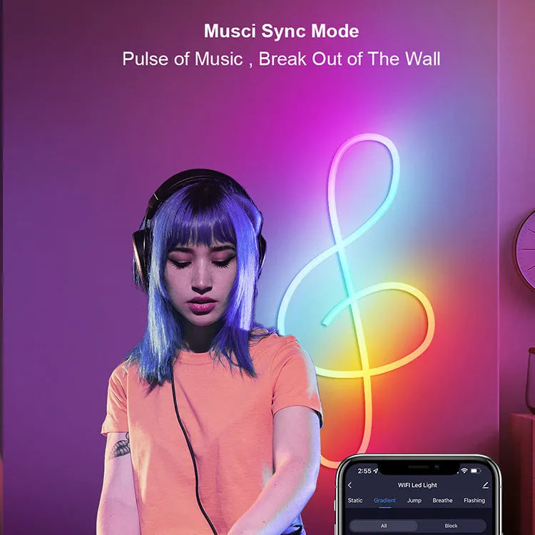 3-metre USB-powered neon LED strip lights with Bluetooth and WiFi control for indoor colour-changing lighting