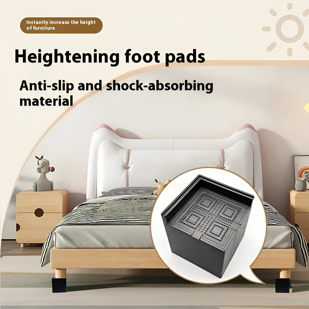 Four black plastic bed feet height adjustment mats for furniture levelling