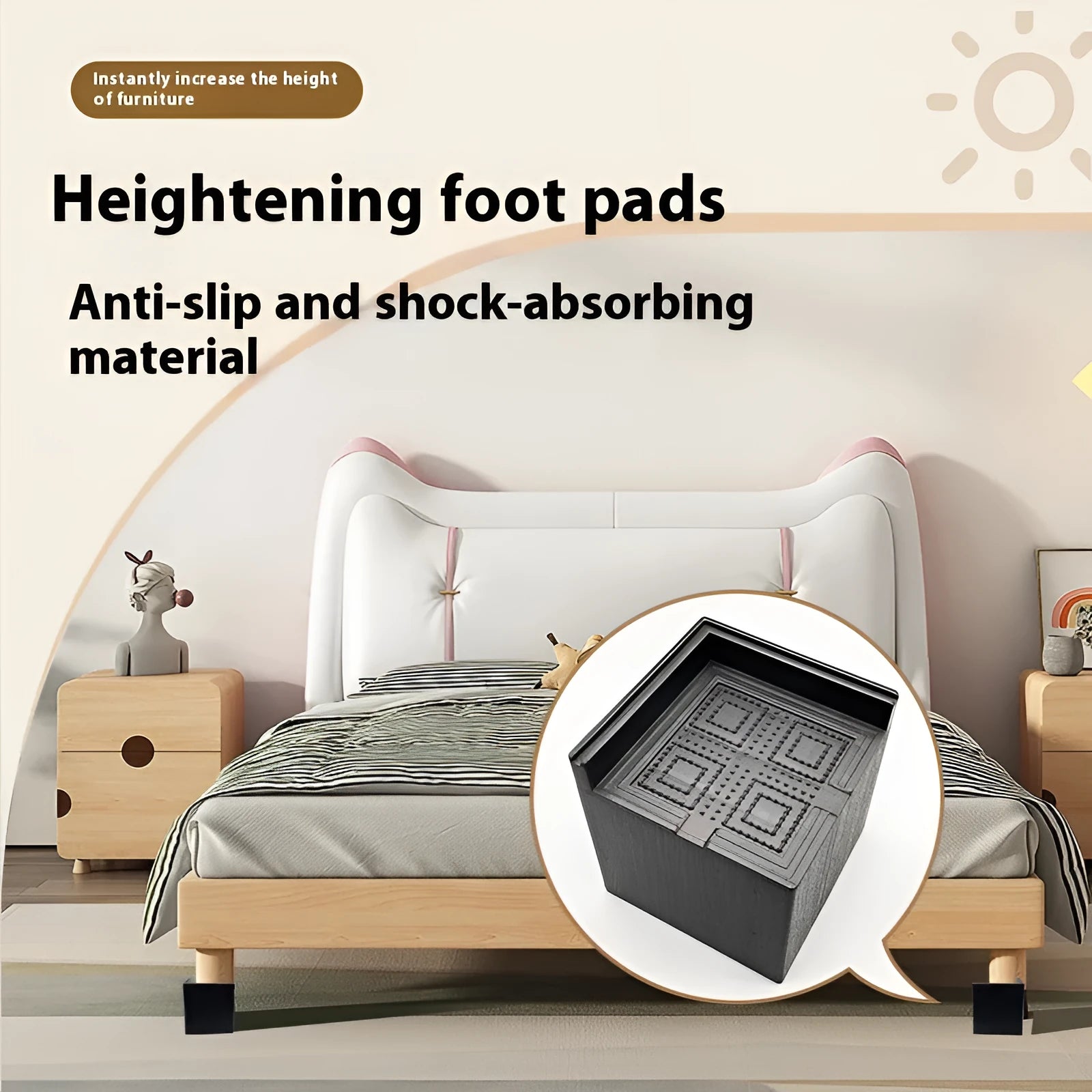 Four black plastic bed feet height adjustment mats for furniture levelling