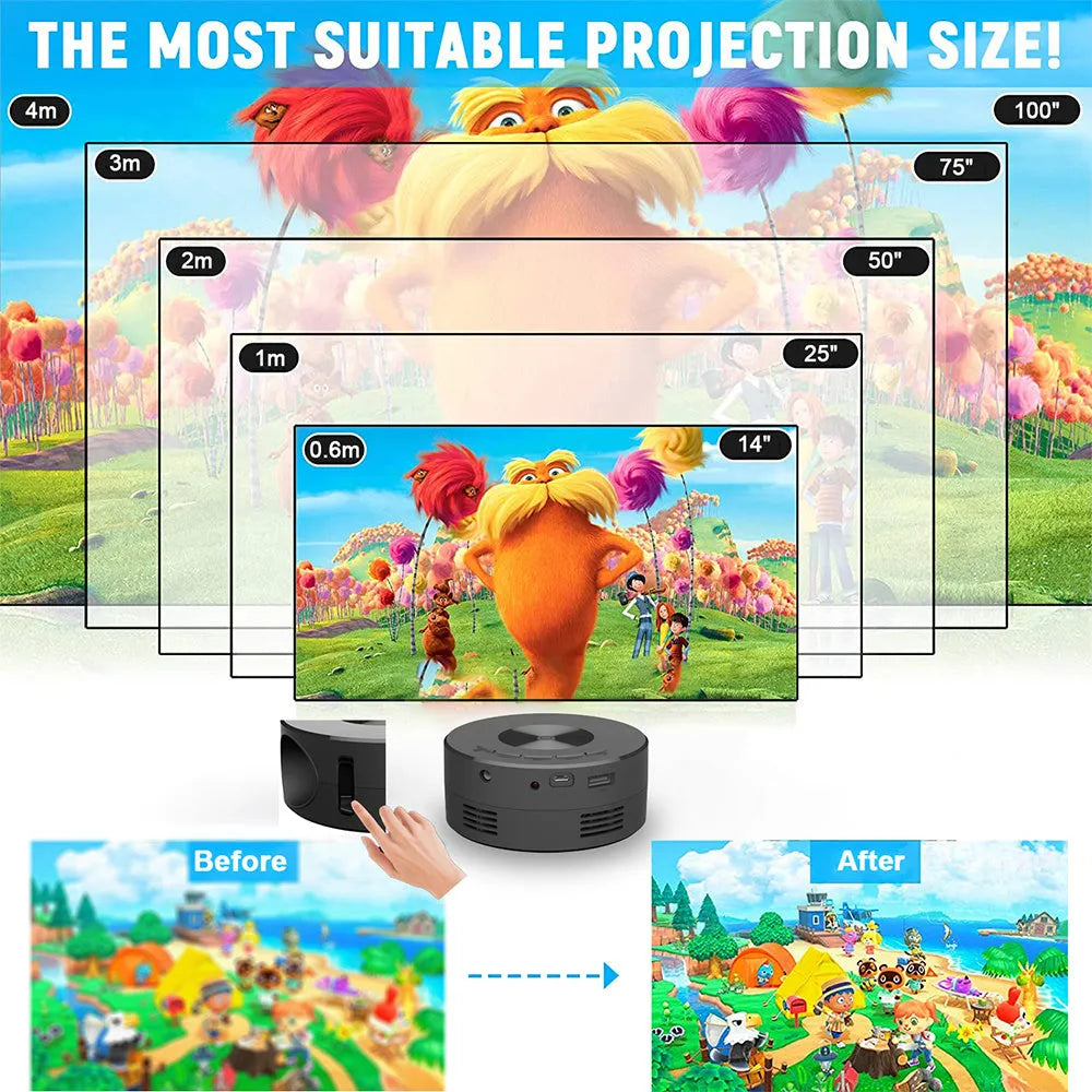 Black portable children's home projector for mobile phone connection on a surface