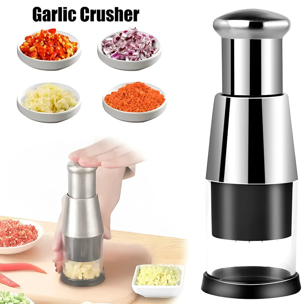 Manual garlic onion vegetable chopper kitchen gadget with stainless steel blades in modern design