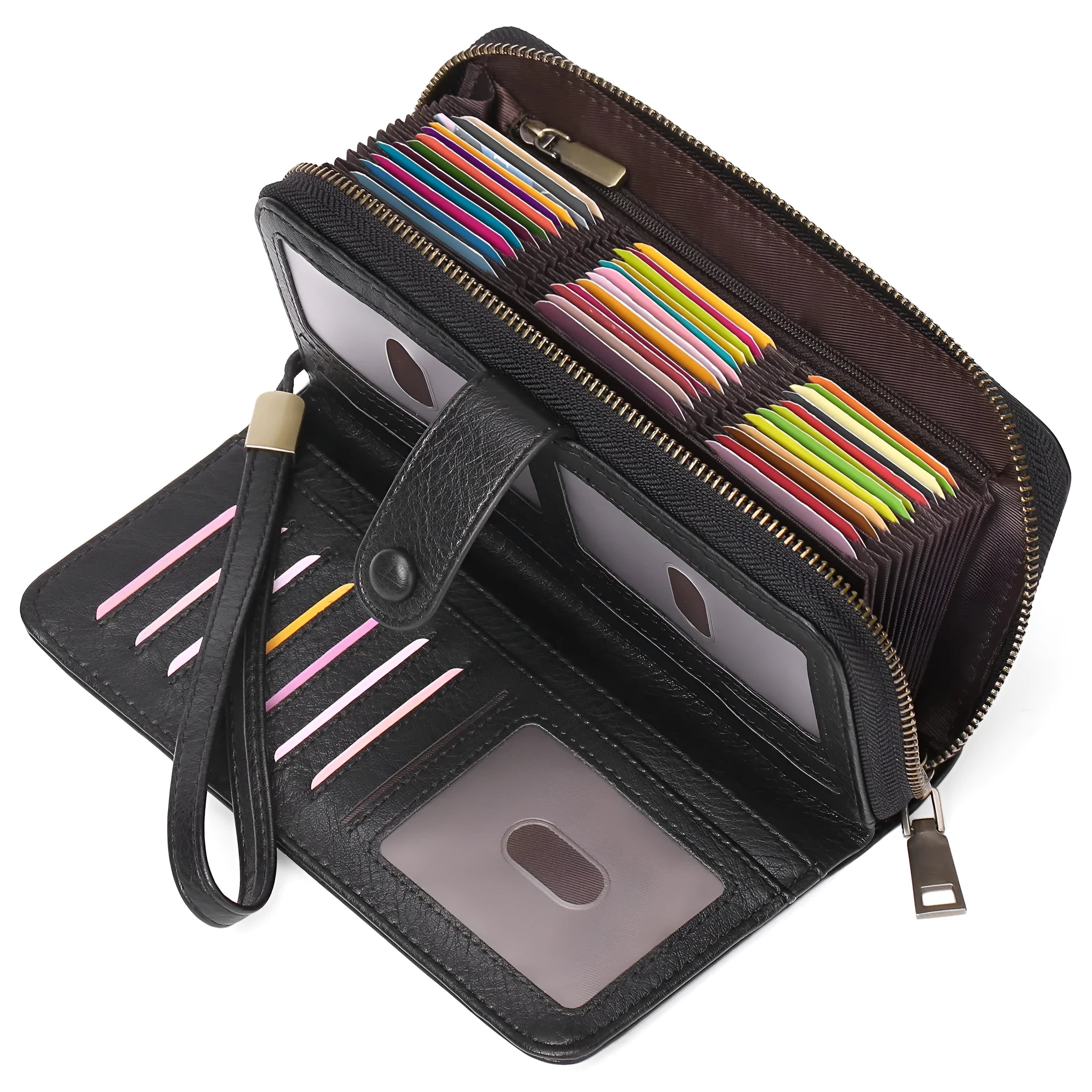 Women's expanding long wallet in light blue with card slots, passport pocket, and anti-theft swiping feature.