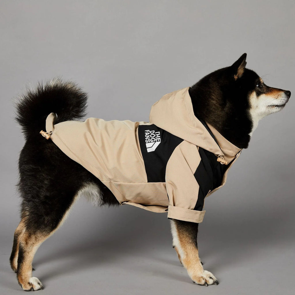 Khaki coloured polyester dog shell jacket shown on a model dog.