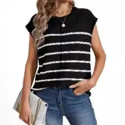Women's striped sleeveless pullover vest with bone stitching in multiple colour options