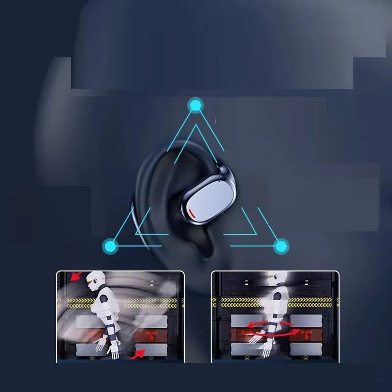 Black bilateral stereo Bluetooth earplug headphones with charging case showing NFC and voice control functions