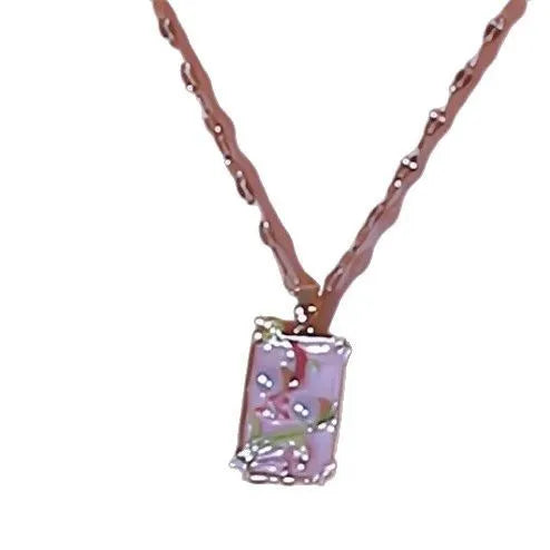 Pink vintage oil painting flower pendant necklace on titanium steel chain with copper pendant and electroplating finish