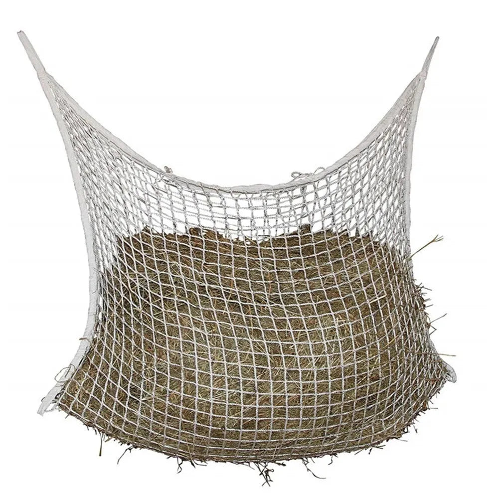 Woven grid hanging feeding bag for horses and cattle in black or white colour options