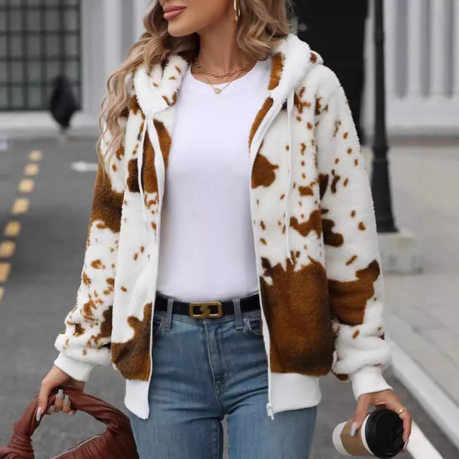 Yellow brown cow animal print hooded cardigan jacket with front zipper closure