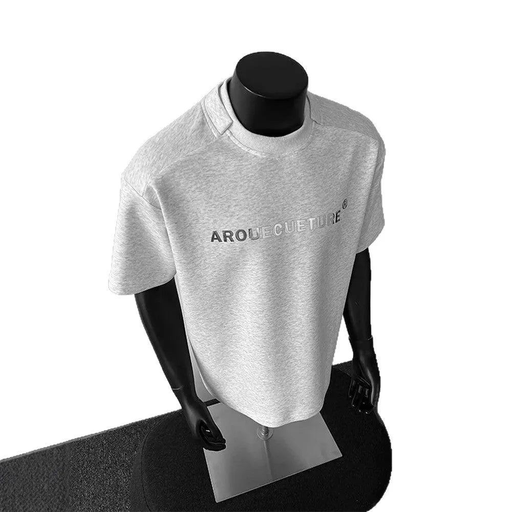 Men's loose fit pure cotton short sleeve shirt in light grey with letter pattern