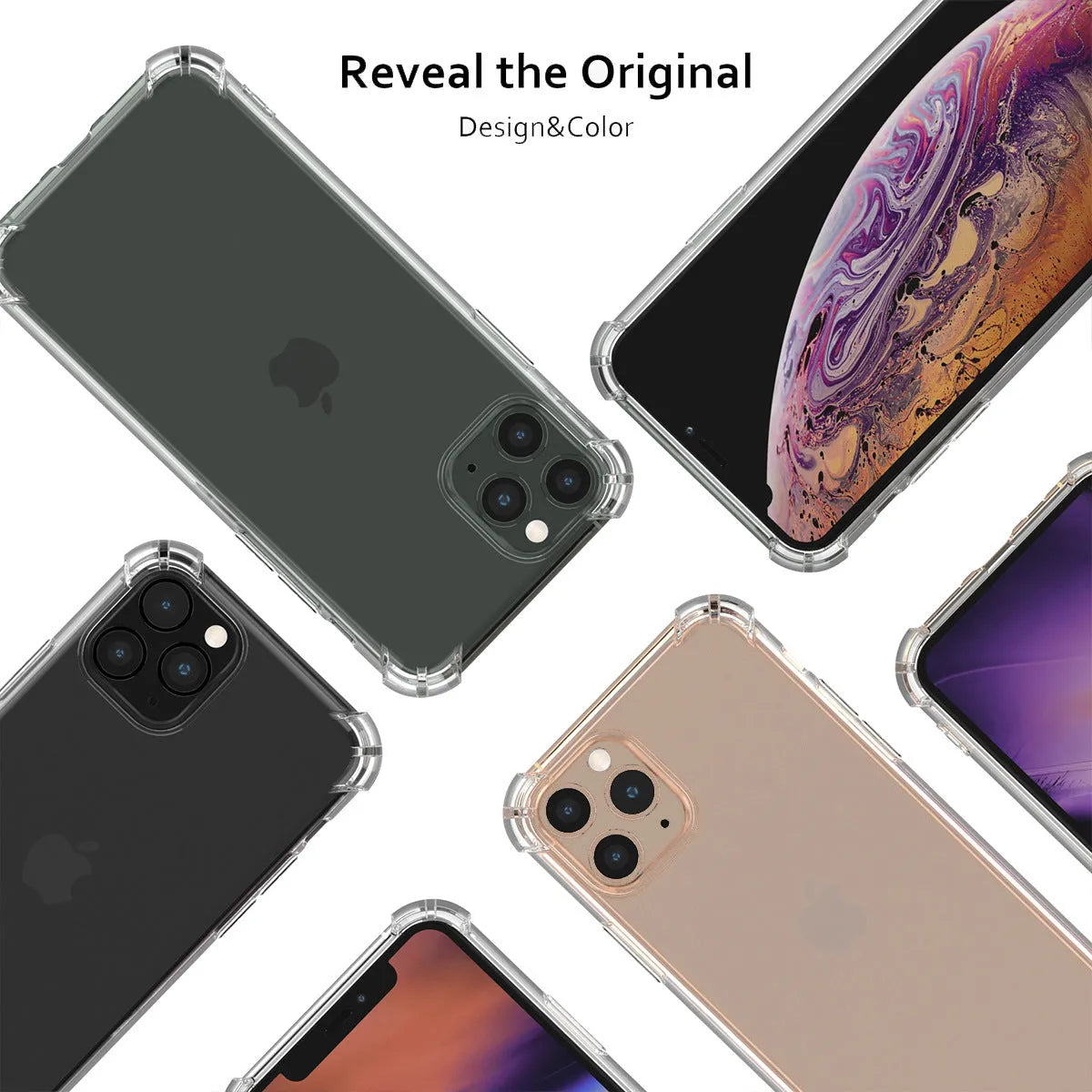 Clear transparent shockproof TPU case for Apple iPhone on a white background.