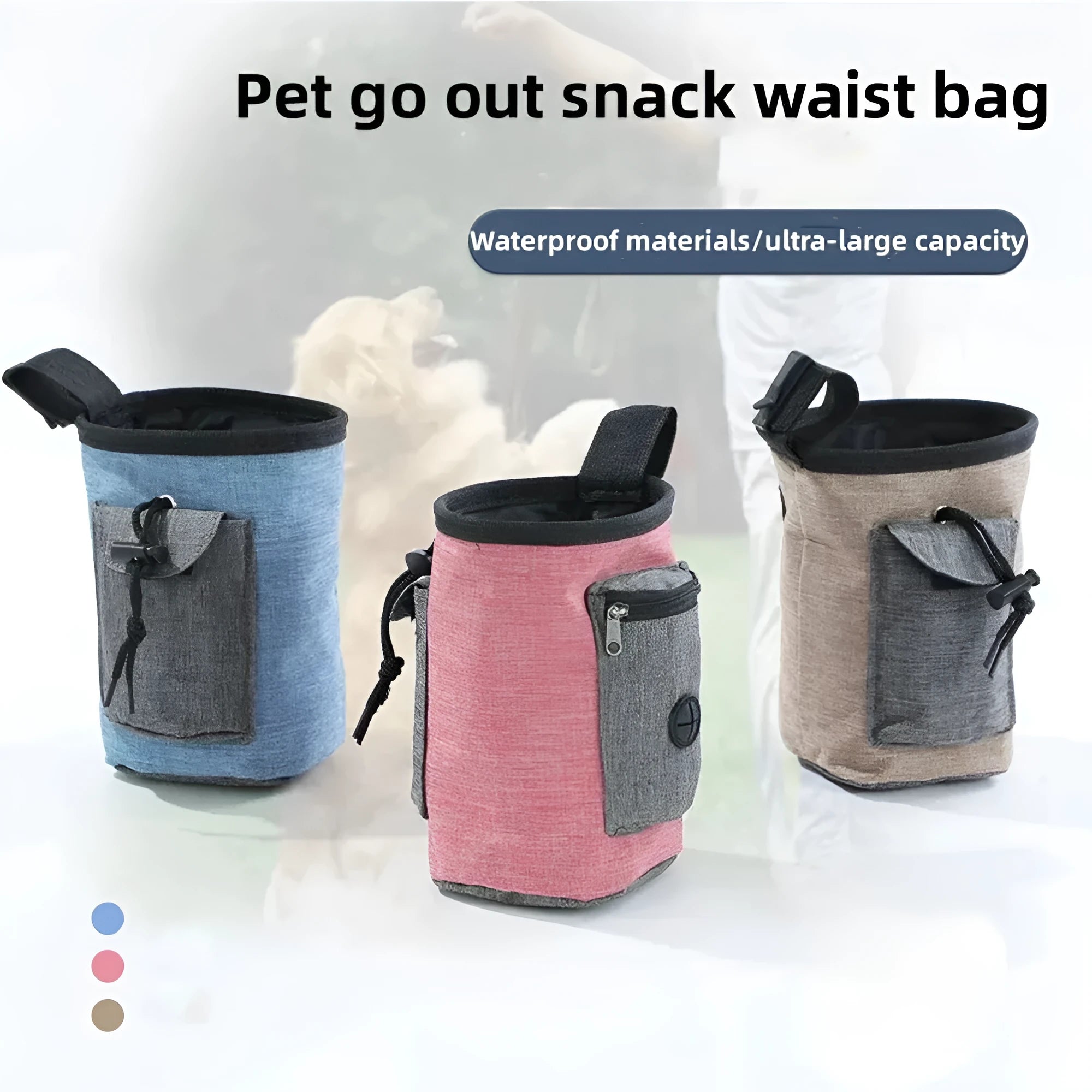 Portable waterproof pet waist bag with belt clip in blue, brown, and red colour options