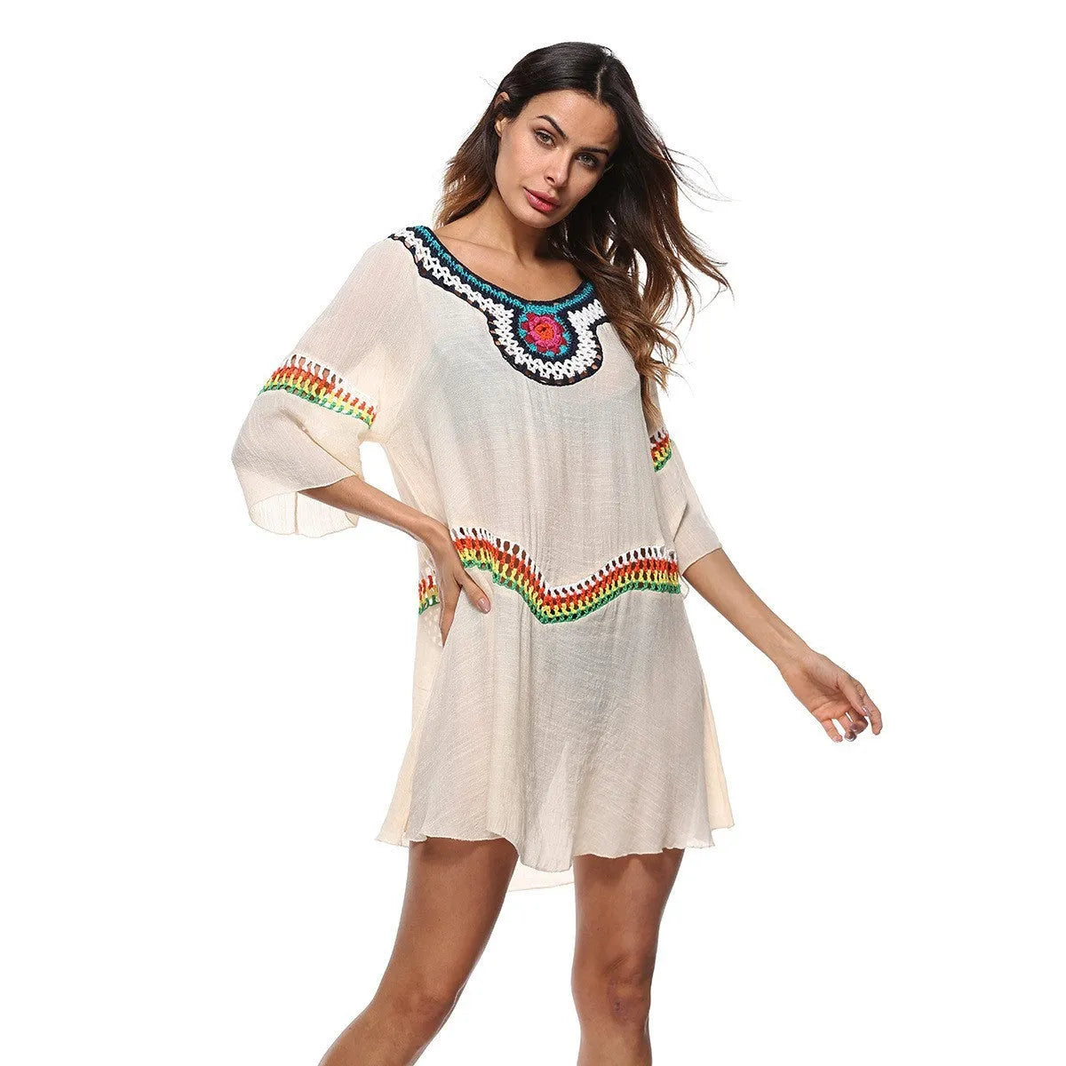 Women's crocheted ethnic style sun protection beach cover-up in acrylic fabric