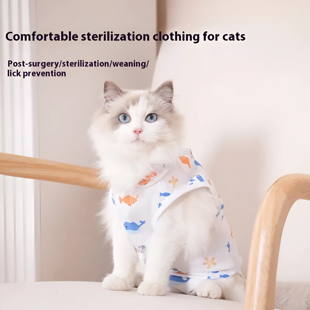 Colourful polyester cat recovery suit with velcro straps for post-sterilisation wound protection.