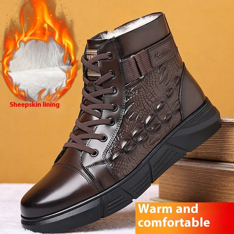 Men's black genuine leather snow boots with fur lining and lace-up front